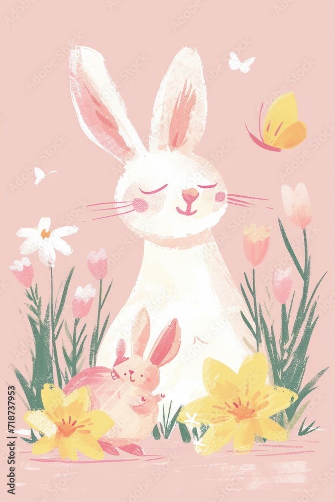 Cute fluffy rabbit with a flower-filled basket. Cute fluffy rabbit with a flower-filled basket.