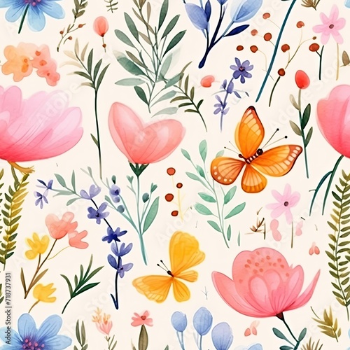 Flower and Butterfly Pattern on White Background - Seamless Design