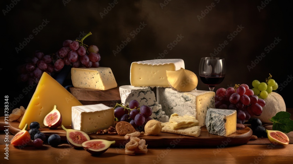 Selection of gourmet cheese with fruits. Generative AI