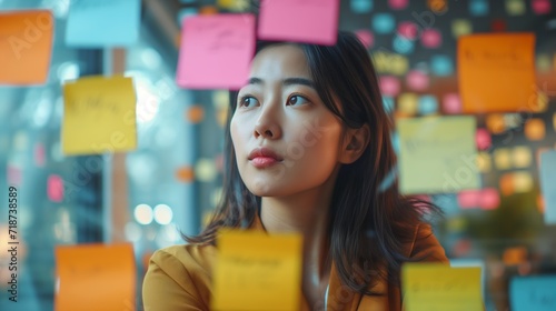 Portrait shot of Cheerful young adult business Asian woman sticking adhesive paper notes to a glass wall 