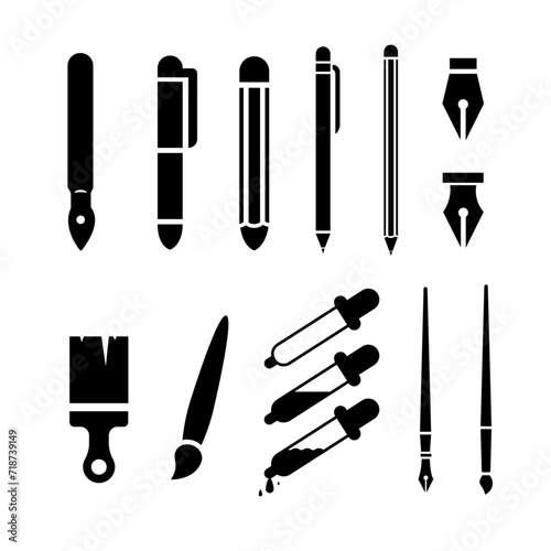 set of ballpoint pen, pencil, pen, brush, eyedropper, paint brush vector icons