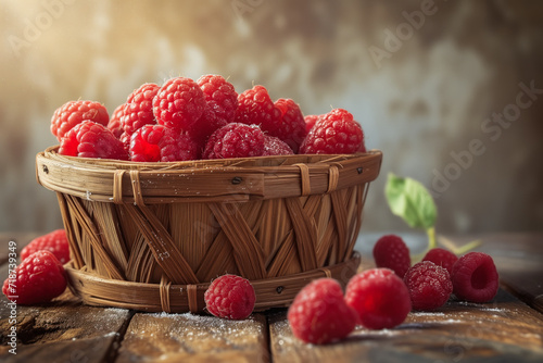 Fresh raspberries in a rustic basket
