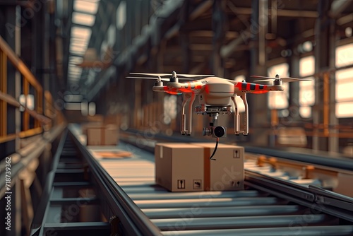 Modern, futuristic tech concept smart drones efficient traffic management. Robotic drones equipped for smart packaging and parcel delivery, cutting edge technological advancements in drone industry.