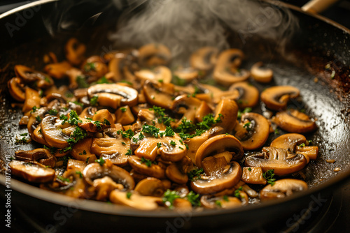 Saute champignons in a pan