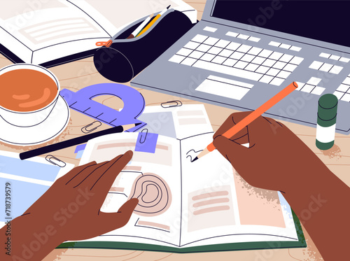 Student takes notes, writes in notebook, prepares to exams. Pupil does homework on the table. People learning, study with pencil in hand. Cozy workplace. Education concept. Flat vector illustration