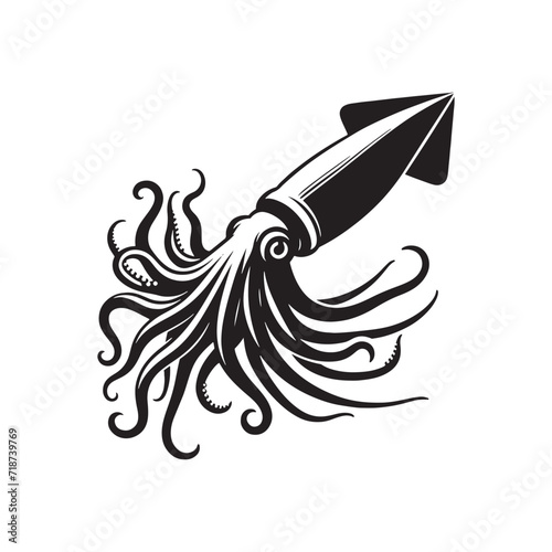 Echoes of the Deep: Giant Squid Silhouette, an Echoing Presence in the Subaquatic Symphony - Giant Squid Illustration - Sea Monster Vector - Giant Squid Vector
