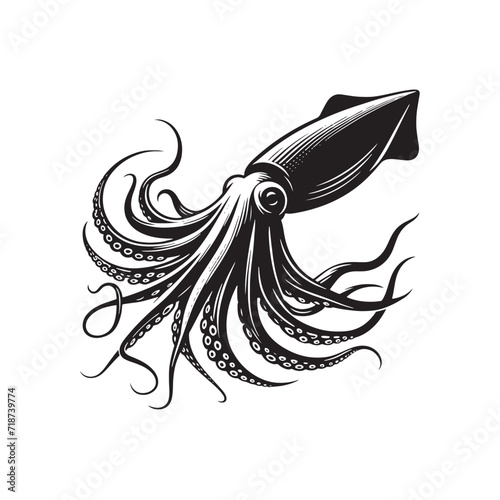Enchanted Abyss: Giant Squid Silhouette Conjures an Enchanting Aura in Ocean's Embrace - Giant Squid Illustration - Sea Monster Vector - Giant Squid Vector
