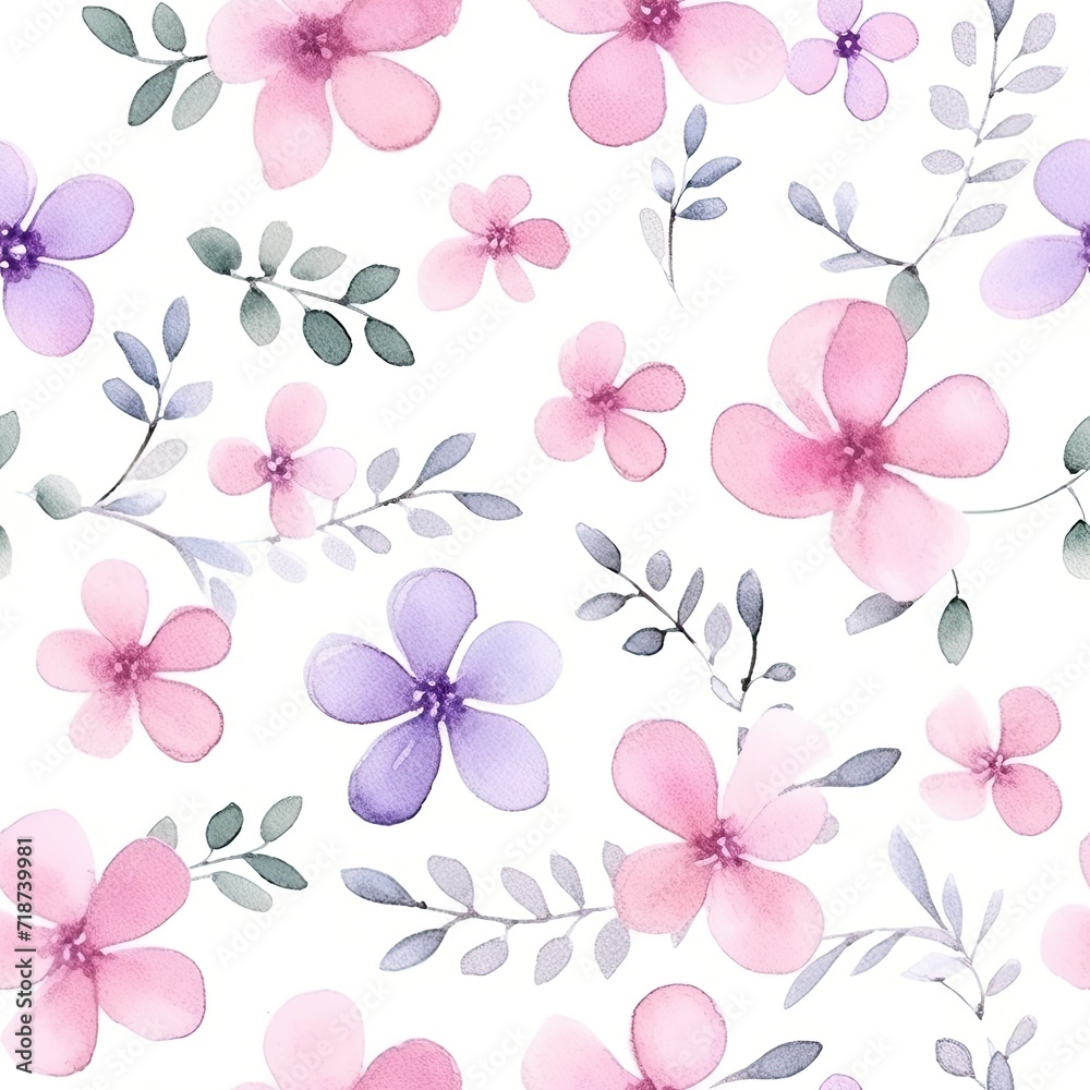 Watercolor Painting of Pink and Purple Flowers