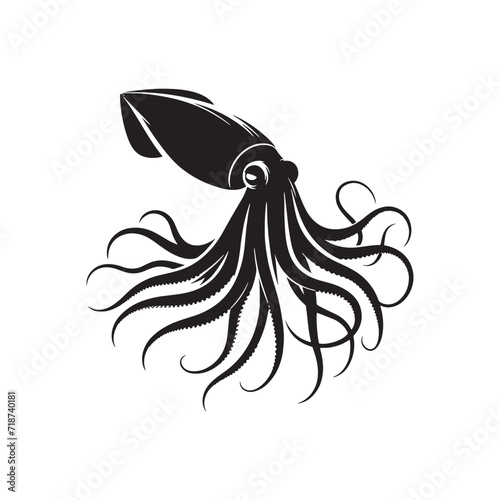 Submersible Symphony: Giant Squid Silhouette, a Silent Maestro in the Aquatic Symphony - Giant Squid Illustration - Sea Monster Vector - Giant Squid Vector

