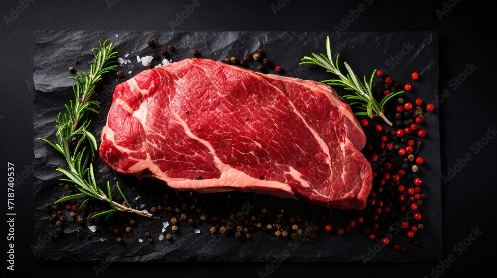 Raw beef striploin steak. Top view on black table