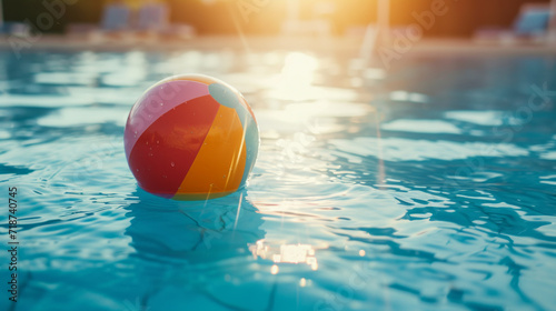 Summer holidays background with colorful beach ball floating on luxury swimming pool and copy space photo