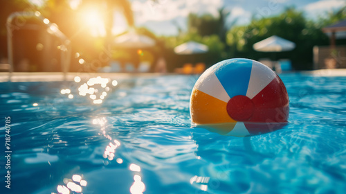 Summer holidays background with colorful beach ball floating on luxury swimming pool and copy space photo