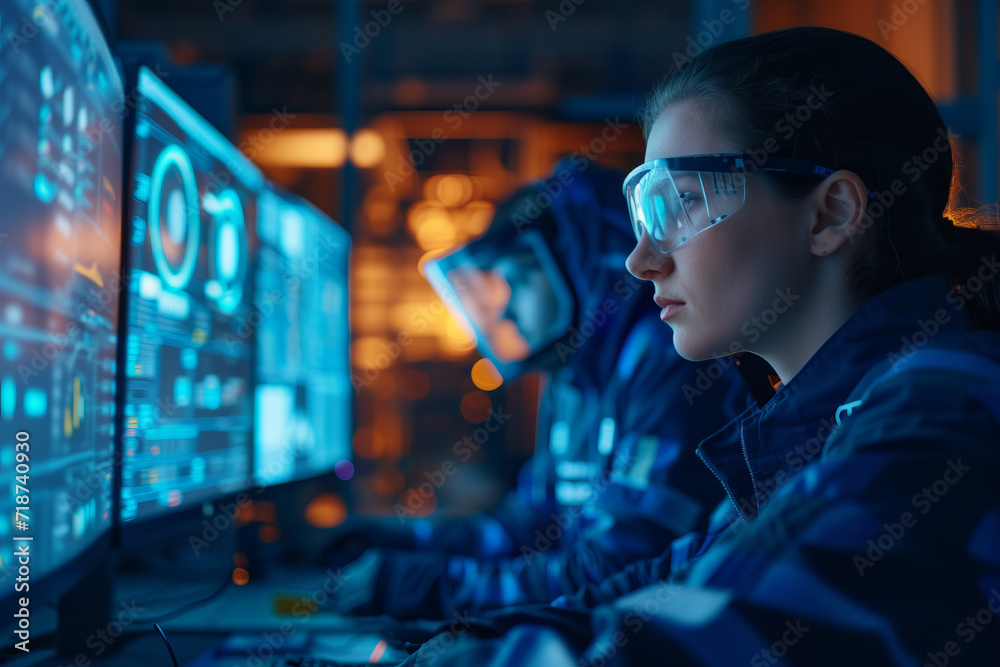 R&D centre image with portrait of engineers wearing protection glasses researching new energy sources R&D centre image with portrait of engineers wearing protection glasses researching new energy sources