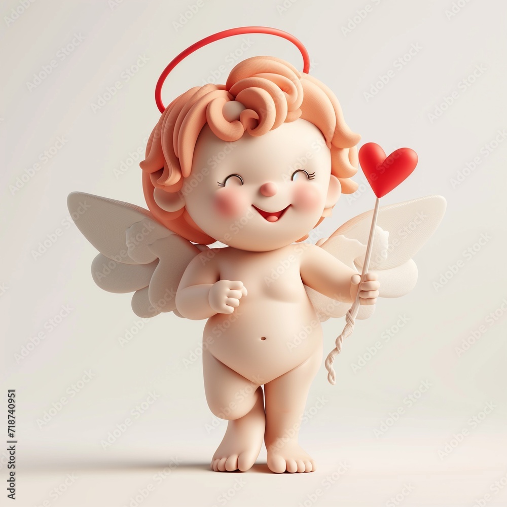 Adorable plasticine cupid with joyful smile and heart wand, symbolizing love and affection. Soft colors and a charming design make it perfect for Valentine's Day.