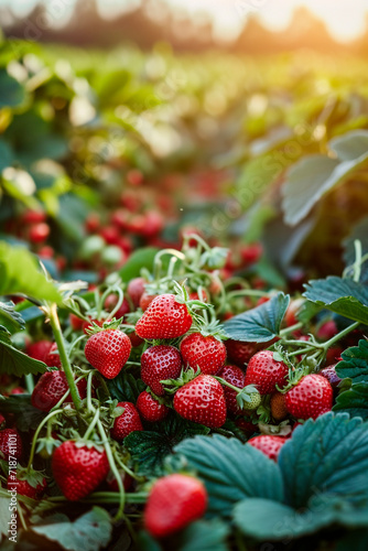 A lot of strawberries on the branches in the garden. Selective focus.