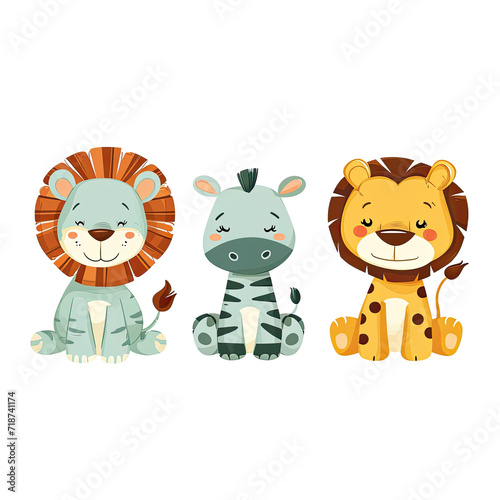 creative cute cartoon safari animal set isolated on white background  learning  nursery room  books  card designs