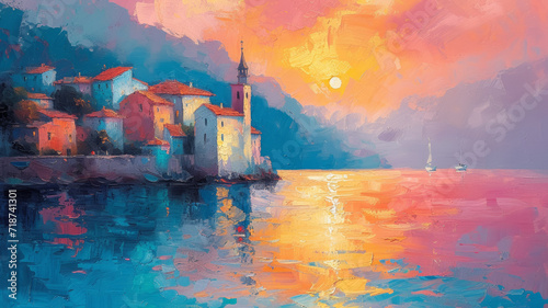 Coastal landscape painting capturing a sunset with vivid pink and orange hues reflecting on water near a quaint village. photo