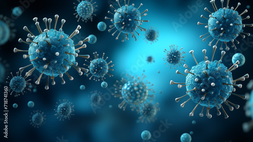 .
A 3D render of detailed virus particles with spike proteins floating against a deep blue backdrop, representing health threats.
