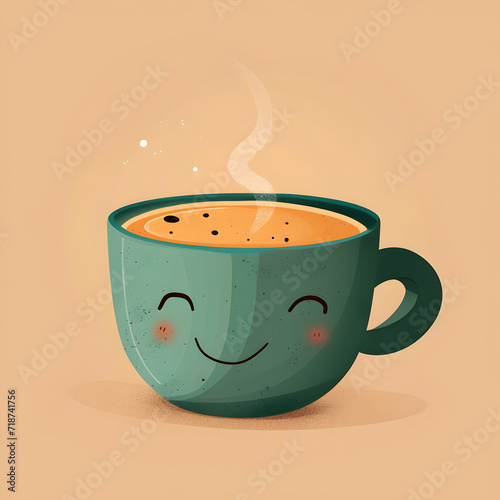 Cartoon style: A whimsical coffee cup with a smiling face