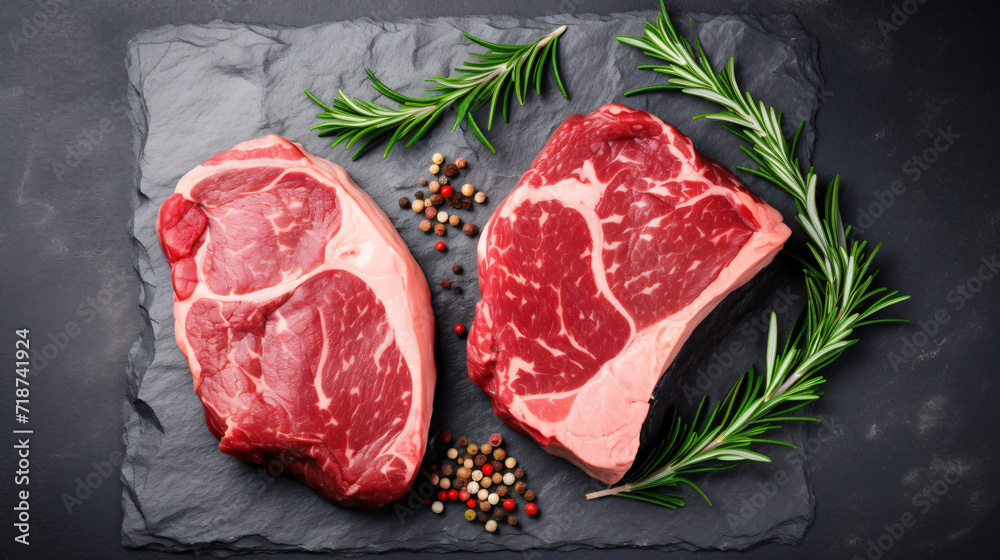 Raw marbled beef steaks on the dark gray background