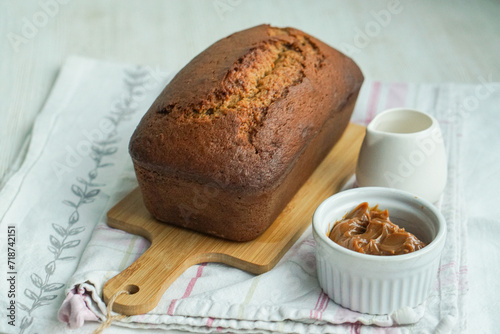 Delicious  homemade pound cake with caramel/ Sweet caramel loaf cake. Close up selective focus