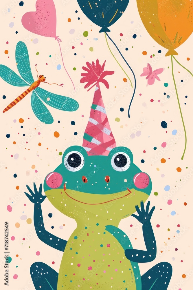 Hop into happiness with a smiling frog and a vibrant dragonfly on your special day.