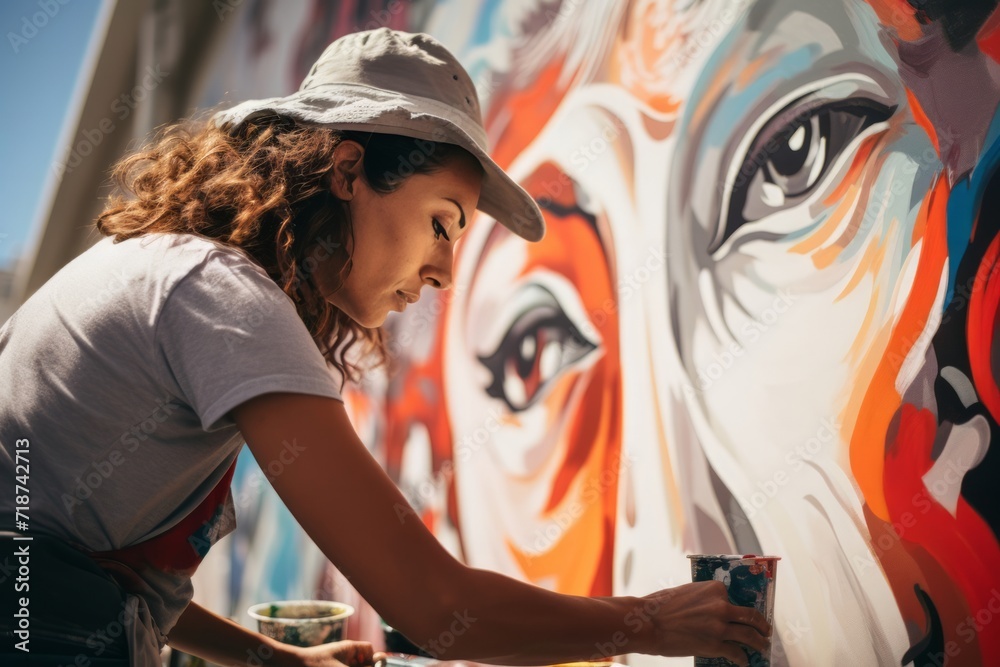 Artist at Work: Painting a Colorful Mural Outdoors