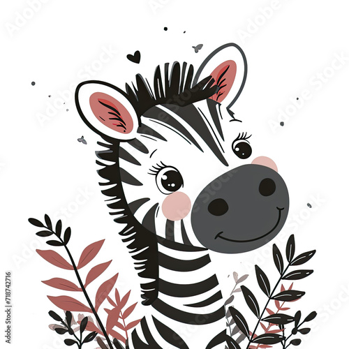cute cartoon baby zebra on pretty leaves background  baby nursery room  portrait or poster  cards 