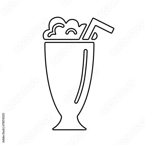 Milkshake line icon, black outline on white. Sweet drink with creamy froth in tall glass with straw. Vector clipart element, logo of minimalist design, illustration of non-alcoholic or kids beverage.