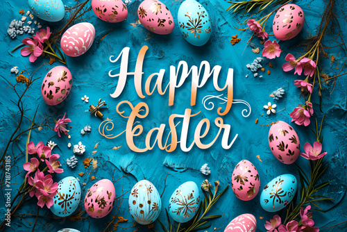 Greeting card for Easter, with the inscription and colorful Easter eggs on a blue background.