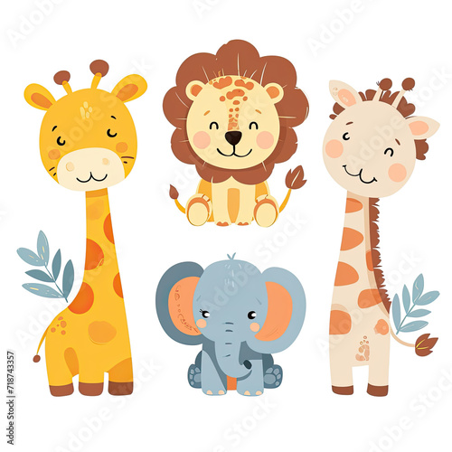 cute baby jungle animals, lion, elephant, giraffe, set of animals for kids nursery room, or cards illustration