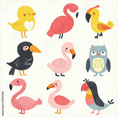 cute cartoon set of tropical birds in pastel theme of colors  kids nursery  learning nooks  cards