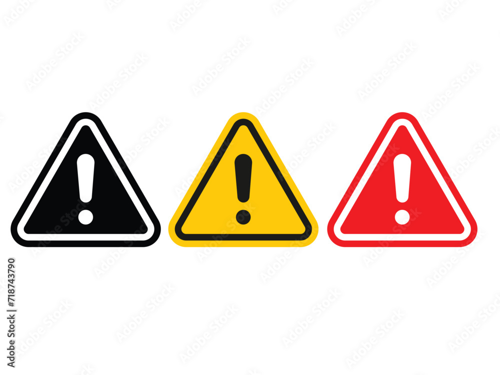 Warning signs set exclamation mark Warning symbol, exclamation mark. Black, red and yellow. Roadside sign vector. Warning signs set exclamation mark Warning symbol, exclamation mark. Black, red and yellow. Roadside sign vector.