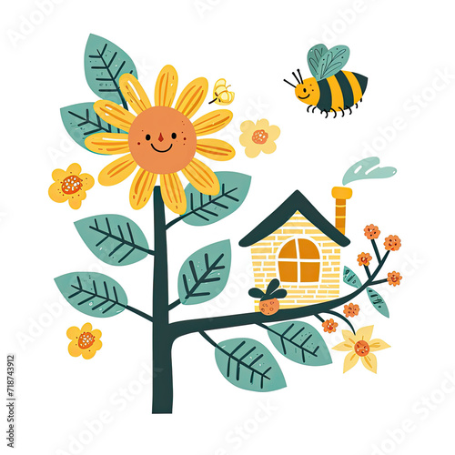 cute cartoon honey bee on vibrant  tree illustration, for cards, new home wishes, spring, summer 