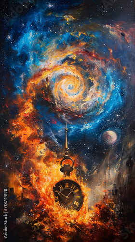 Burning clock with galaxy and stars background.