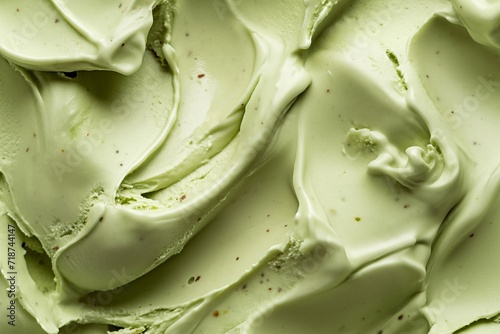Close-up of textured green pistachio flavored ice cream. The perfect refreshing summer treat