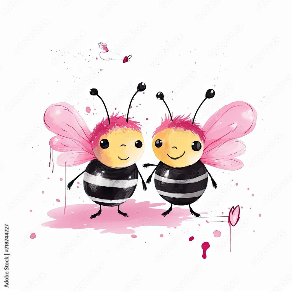 Obraz premium Cute couple of honey bees cartoon isolated on white background with hint of pink, valentines day love, 