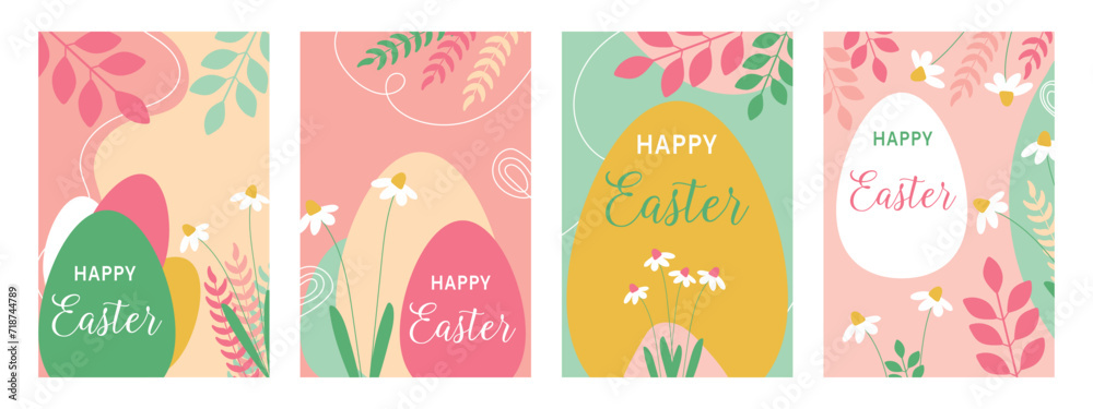 Set of Happy Easter cards with flowers and Easter eggs. Happy easter.