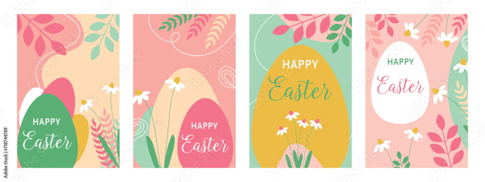 Set of Happy Easter cards with flowers and Easter eggs. Happy easter. Set of Happy Easter cards with flowers and Easter eggs. Happy easter.
