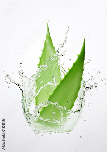 Aloe vera with water splash on white background. Isolated. Aloe vera leaf with fresh water splash. Fresh aloe vera leaf with water drops close-up. photo