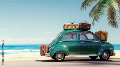 Green car with luggage ready for summer holidays  copy space