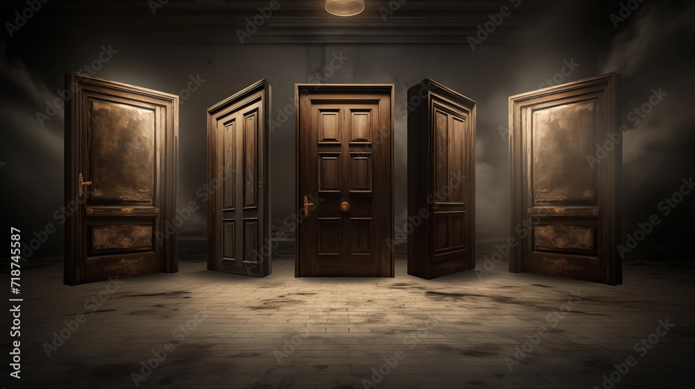 Mysterious doors. has to choose between three open doors. five wooden doors in different positions. Mysterious doors. Doors to another world. - obrazy, fototapety, plakaty 