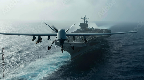 A drone with a mounted missile flies over an aircraft carrier. Modern military equipment, kamikaze drone. War.