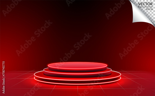 Red three steps podium with neon light background for digital business technology product