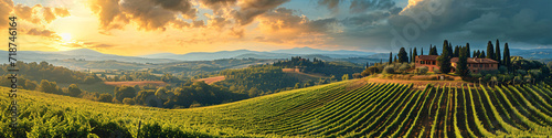 Panoramic view of Tuscan vineyards at sunset. Rolling hills, farmhouse, and grapevines. Wine tourism and rural landscape concept for poster and banner 