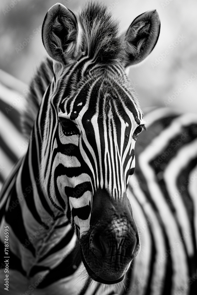 Naklejka premium portrait of zebras in the wild. Selective focus.