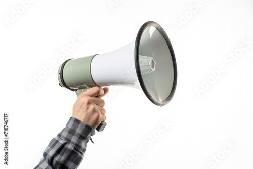 a hand holding a megaphone on white background, dynamic and attention-grabbing