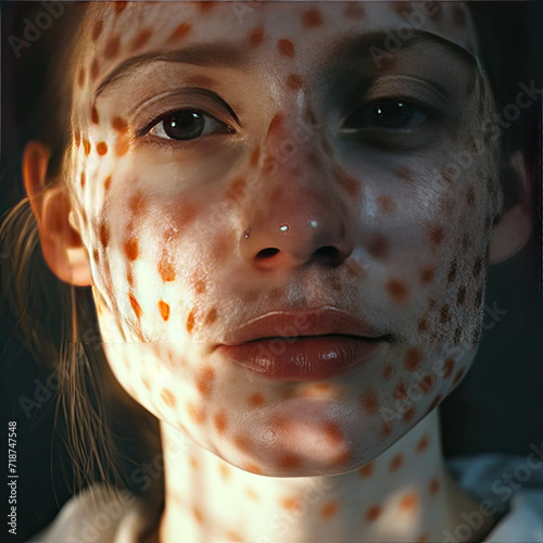 Exquisite portrait of a beautiful freckled girl, bathed in sunlight against a dark backdrop, accentuating her natural charm