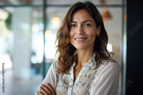 Happy confident Latin professional mid aged business woman in office, portrait. Smiling lady corporate leader, mature female executive, lady manager standing in looking at camera, Generative AI