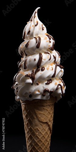 Ice cream in waffle cone with chocolate and caramel on black background, close-up. 